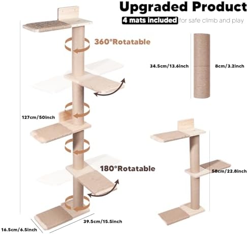 Tall Wall Cat Tree 50"‌, Wood Cat Wall Shelves Wall-Mounted Scratching Post - Image 2