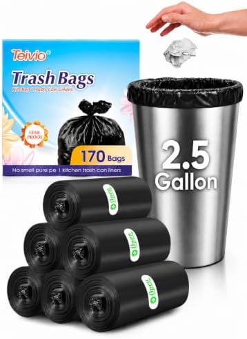Teivio Small Black Trash Bags 2.5 Gallon 170 Count Unscented Garbage Bags by Teivio