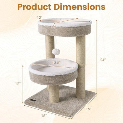 PETSITE 24-inch Small Cat Tree, 2 Comfy Cat Beds, and Interactive Hanging Ball - Image 4