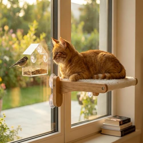 Cat Window Perch with Bird Feeder, Suction Cup Window Cat Bed by Unknown