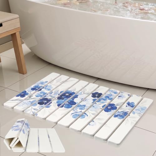 Blue Sakura Foldable Stone Bath Mat, Diatomaceous Stone Bathroom Shower Mat by INFISIBLE