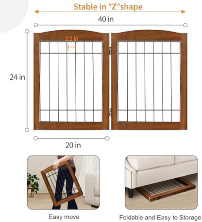 LZRS 2-Panel Freestanding Foldable Wood Dog Gate – Solid Wood & Steel Wire - Image 5