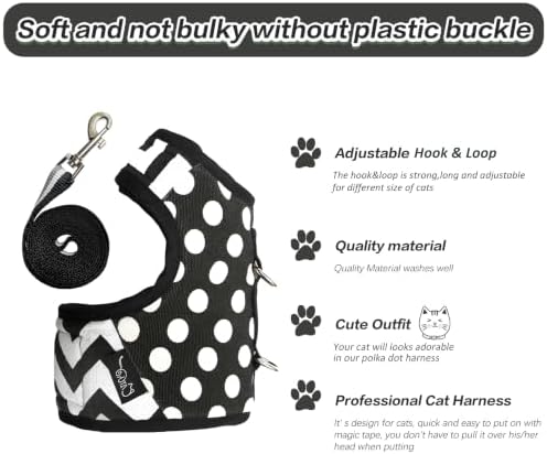 Cat Harness and Leash Set Escape Proof, Polka Dot Black - Image 3