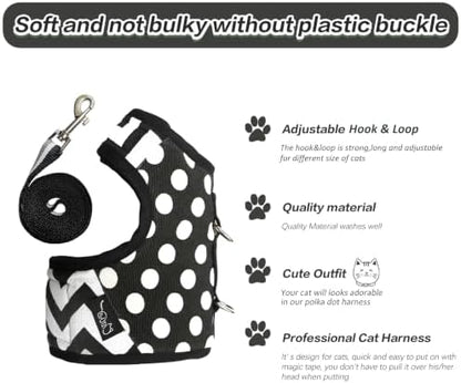 Cat Harness and Leash Set Escape Proof, Polka Dot Black - Image 3