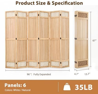 Wood Room Divider Privacy Screen, Natrual Carved Room Divider 6 Panel 67" - Image 3