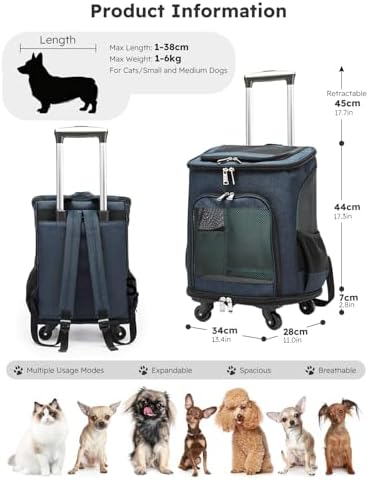 PETCUTE Wheeled Pet Carrier Backpack, Pet Travel Carrier - Image 3