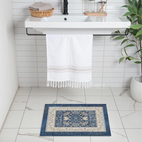 Giwawa Blue Boho Bath Rug Ethnic Floral Bathroom Mat Soft Quick Dry Bath Carpet - Image 2