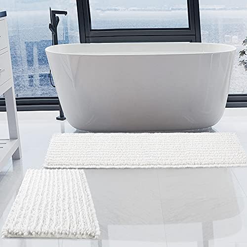 Luxury Chenille White Bathroom Rugs Sets 2 Piece, Thickened Hot Melt Rubber by HVERONNEX