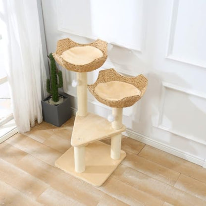 SHENGOCASE Cat Tree Tower with Rattan Wicker Basket, 2 Large Nest Baskets Bed - Image 3