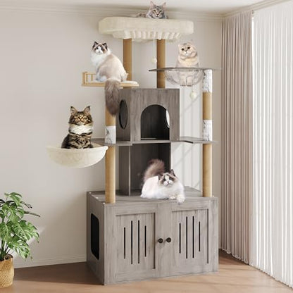 Cat Tree with Litter Box Enclosure, Large Plush Top Perch, Sisal Scratching by Garvee