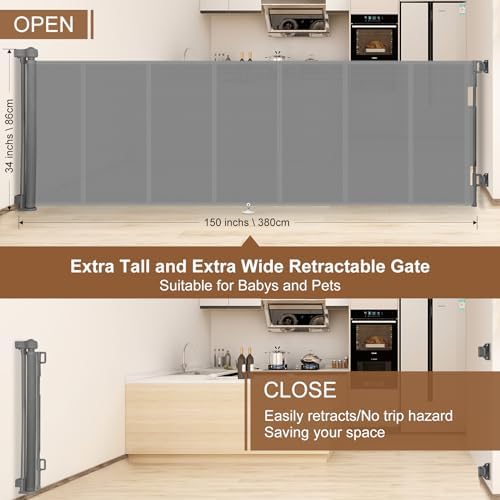 Miumoon 150 inch Reinforced Retractable Baby Gates 34 inch Tall - Image 4