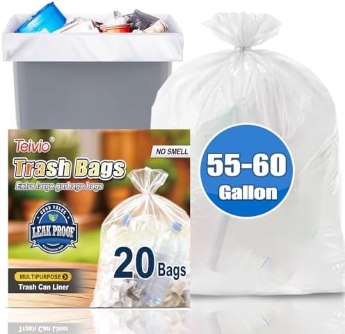Teivio Large Clear Trash Bags 55-60 Gallon 20 Count 50+ Gal Garbage Bags by Teivio