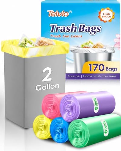 Teivio Small Colorful Clear Trash Bags 2 Gallon 170 Count Garbage Bags by Teivio