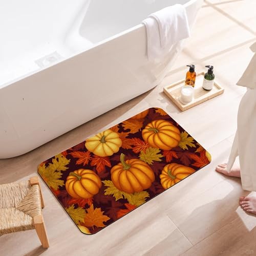 Fall Pumpkin Bath Mat, Fast Drying Thanksgiving Maple Bathmats - Image 3