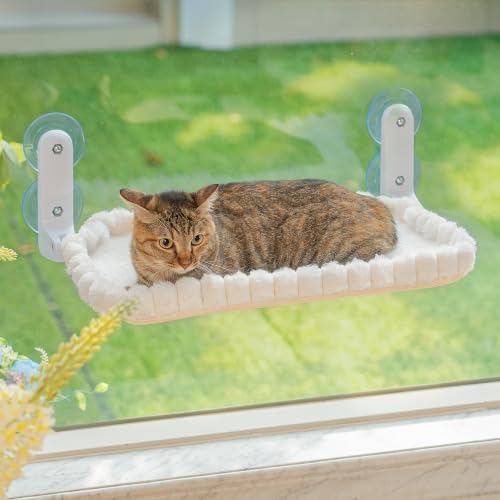 JUNSPOW Cat Window Perch, Foldable Cat Hammock, 4 Suction Cups White+Medium by JUNSPOW