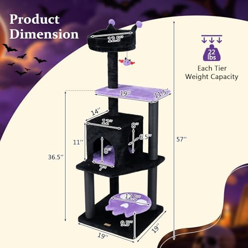 PETSITE 57-inch Gothic Cat Tree, Bat-Shaped Dangling Ball, Comfy Condo - Image 3