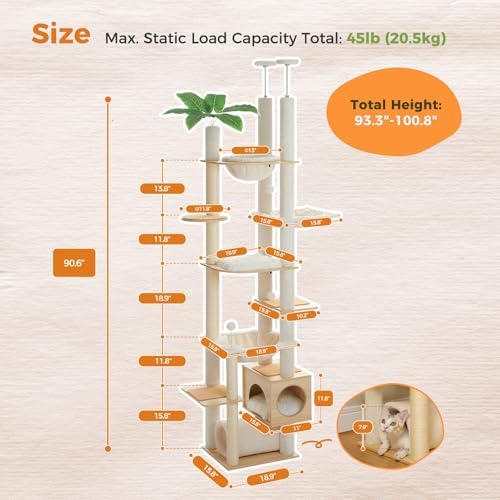 PEQULTI Floor to Ceiling Cat Tree, 93-101'' Adjustable Wooden Tower - Image 4