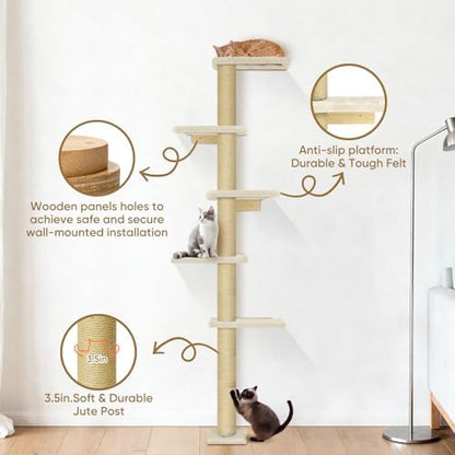 PAWSCRAT 5-Tier Wall-Mounted Cat Tree, 80-Inch Sisal Post - Image 3