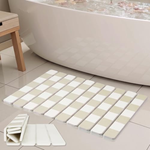 Taupe White Buffalo Check Stone Bath Mat, Diatomaceous Stone Bathroom Mats by INFISIBLE