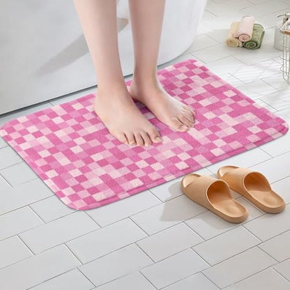 Pixelated Style Bathroom Rug, Geometric Square Grid Non Slip Bath Mat - Image 2