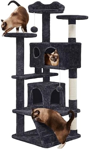 Yaheetech 54in Cat Tree Tower, 2 Caves, Kitten-Ear Perch & Scratching Posts by Yaheetech