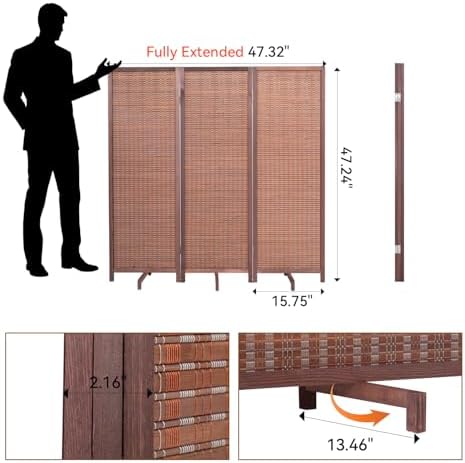 Bamboo Room Divider 3 Panel 47" H, 360°Rotating Feet Privacy Screen - Image 2
