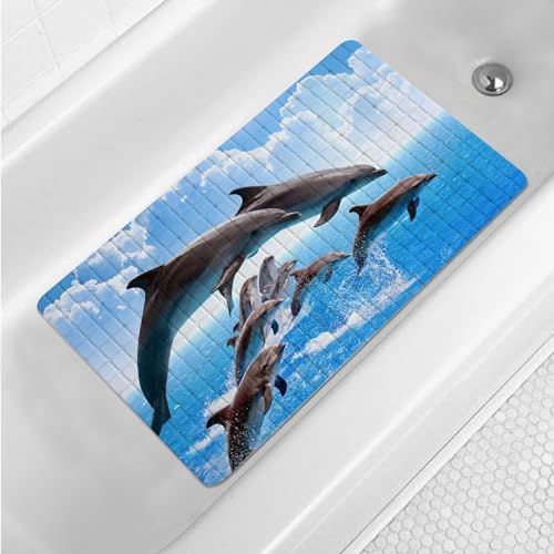 Dolphins Bathtub Mat Non Slip for Kids Cute Dolphins Bath mat 15"x27", Jumping by Denifeiya