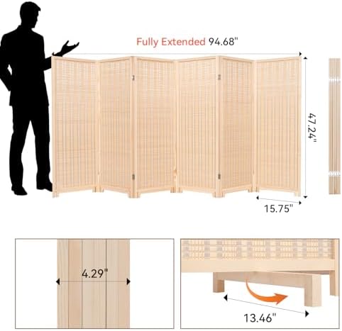Bamboo Room Divider 6 Panel 47" H, 360°Rotating Feet Privacy Screen - Image 3