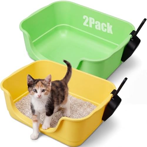 Bokon 2 Pack Yellow Green Small Cat Low Entry Litter Box, Kitty Litter Pan by Bokon