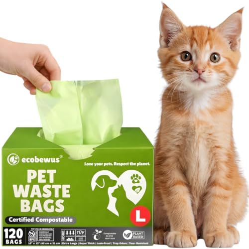 Certified Compostable Cat Litter Waste Bags, BPI Certified 16" x 12", Unscented by ecobewus