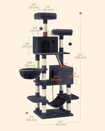 Feandrea Cat Tree, 66.1-Inch Large Cat Tower, Smoky Gray - Image 5