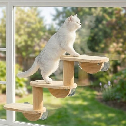 Cat Window Ladder, 3-Level Solid Pine Steps by HAPYKITYS