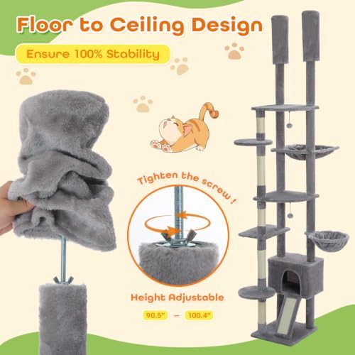 PEQULTI Floor to Ceiling Cat Tree, Height Adjustable 90.5-100.4'' - Image 4