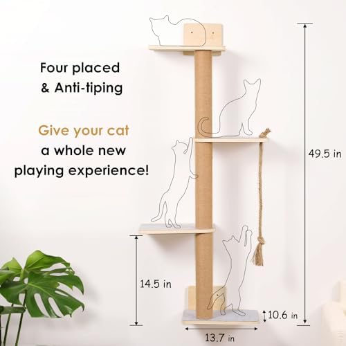 Wall Mounted Cat Tree, 50 Inch Tall Wall Cat Tree, 4 Tier Cat Climbing Wall - Image 2