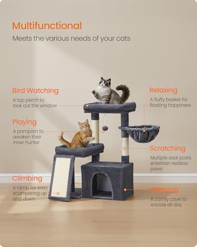 Feandrea Cat Tree, 33.8" Cat Tower, Scratching Posts and Ramp, Dark Gray - Image 3