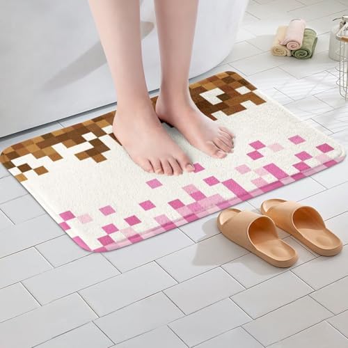 Pixelated Theme Bath Rug, Geometric Grid Shaggy Absorbent Non Slip Floor Mat - Image 4