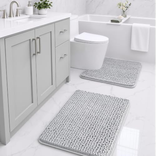 Ophanie Grey Bathroom Rugs Sets 2 Piece, Soft Chenille Bath Mat, Non Slip by Ophanie