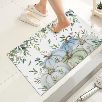 Giwawa Fall Blue Pumpkin Bath Rug Autumn Harvest Bathtub Mat Non Slip Absorbent - Image 2