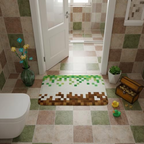 Pixelated Bathroom Rug, Geometric Patchwork Grid Non Slip Bath Mat - Image 2