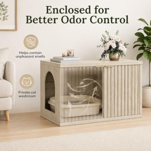 Homhedy Cat Litter Box Enclosure, Modern Fluted Accent, Cream Gray - Image 2