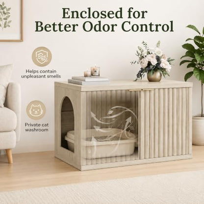 Homhedy Cat Litter Box Enclosure, Modern Fluted Accent, Cream Gray - Image 2