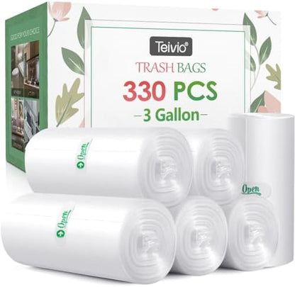 Teivio Small Clear Trash Bags 3 Gallon 330 Count Unscented Garbage Bags by Teivio