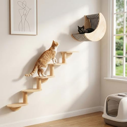 Cat Wall Shelves, Solid Wood Moon Bed, 5-Step Stairs by HAPYKITYS