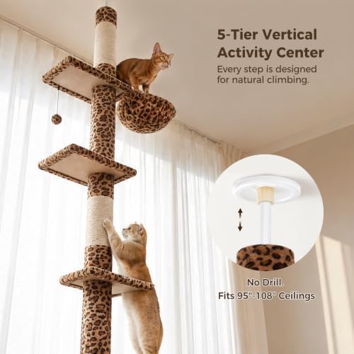 PAWZ Road Floor to Ceiling Cat Tree, Adjustable 95"-108" Leopard Cat Tower - Image 2