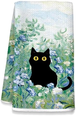 Black Cat Blue Flower Kitchen Towels, Decor by Unknown