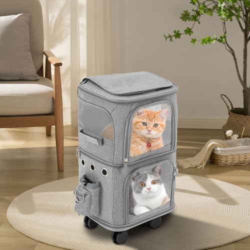 2-Tier Rolling Pet Carrier for Cats & Dogs, Removable Divider, Telescopic Handle - Image 2
