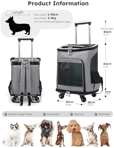 PETCUTE Wheeled Pet Carrier Backpack, Pet Travel Carrier - Image 3