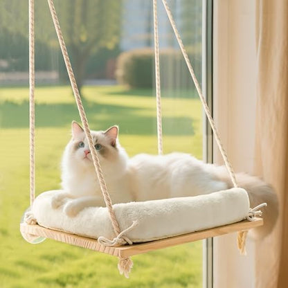Cat Window Perch Hammock with Solid Wood Seat & Plush Cushion by Anywish