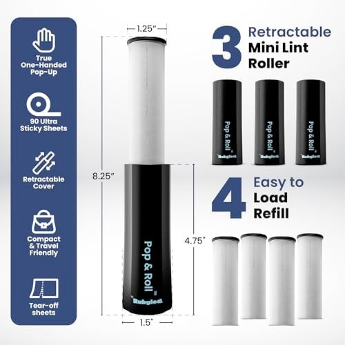 Retractable Mini Lint Roller for Pet Hair, 210 Sheets, 3 Pack + 4 Refills - Image 2