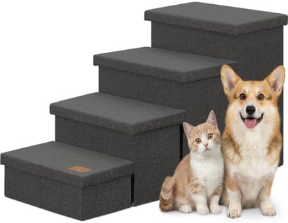 Zerbuger Dog Stairs with Storage, Dark Grey 4 Steps Dog Ramp no Condo by Zerbuger